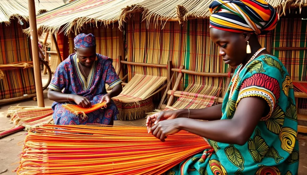 Generate an image of traditional Nigerian weavers at work in Akwete Weaving Village