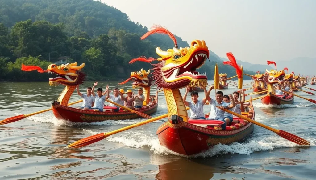 Generate an image of traditional dragon boats racing on the Perfume River