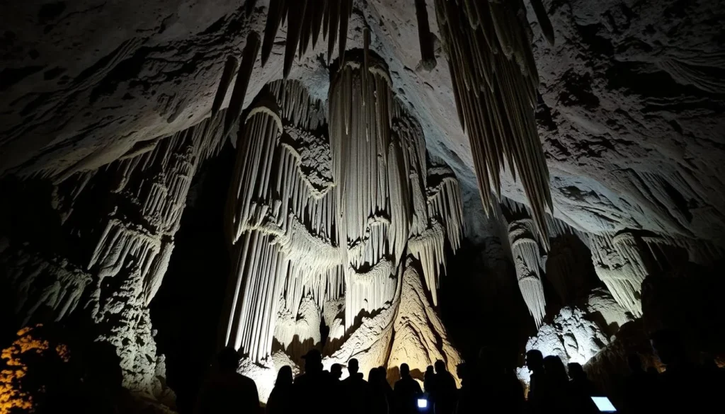 Generate an image of visitors exploring the Nombre de Dios Caves, Chihuahua, Mexico, with stunning stalactites and stalagmites.