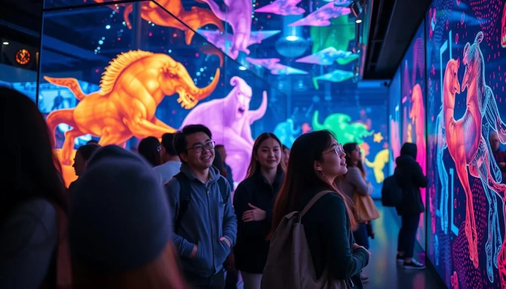 Generate an image of visitors interacting with an immersive art exhibit.