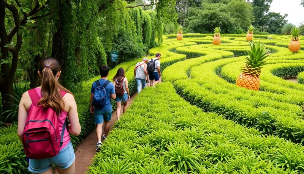 Generate an image of visitors navigating through the intricate paths of the Pineapple Garden Maze.