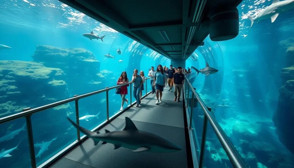 Generate an image of visitors walking across the Shark Bridge at Adventure Aquarium.