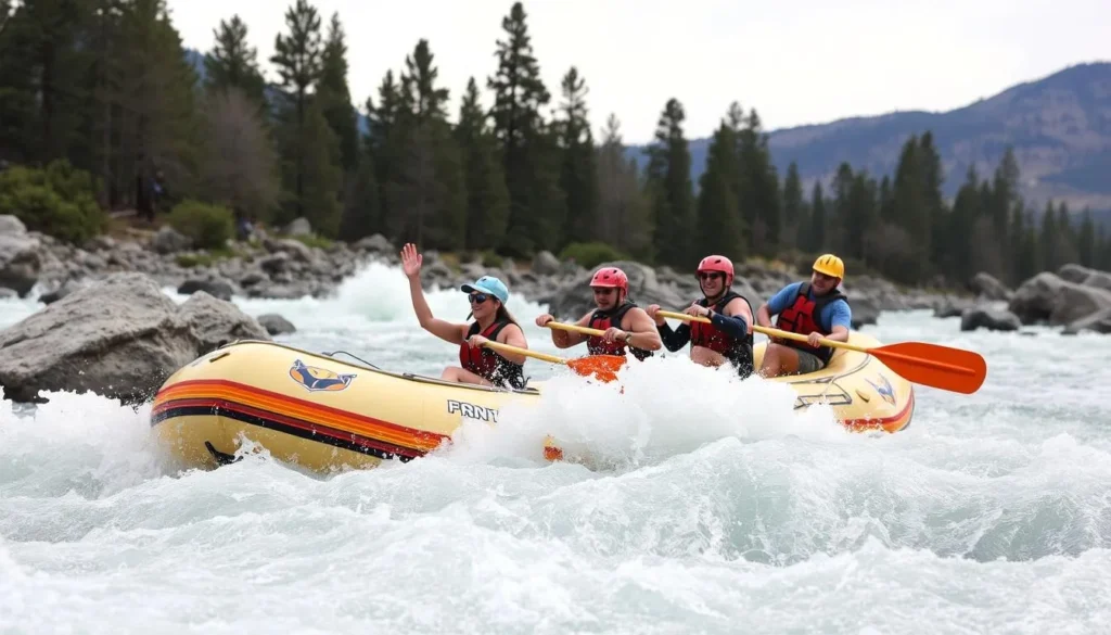 Generate an image of whitewater rafting on the Truckee River, with rapids and people rafting.