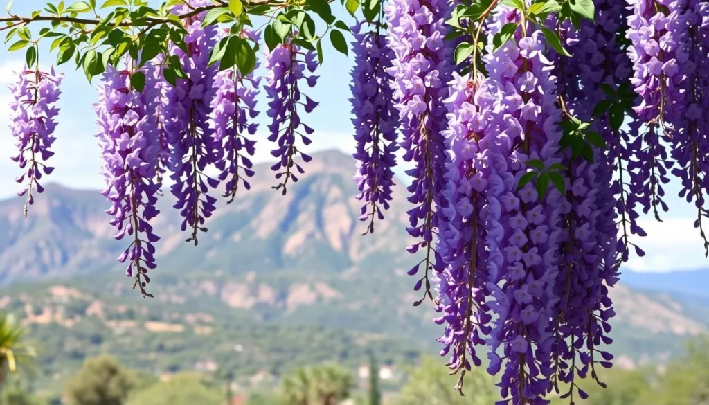 Generate an image of wisteria in full bloom at Sierra Blanca