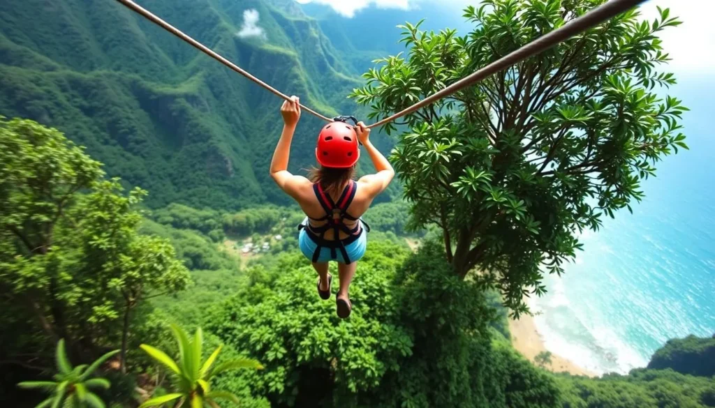 Generate an image of ziplining through a lush canopy with panoramic views of Kauai.