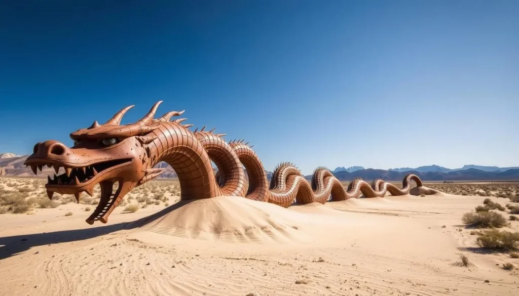 Giant metal dragon sculpture at Galleta Meadows with desert landscape in the background Giant metal dragon sculpture at Galleta Meadows with desert landscape in the background