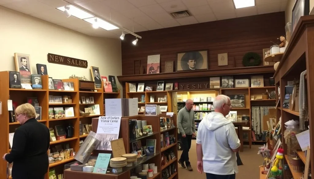 Gift shop at New Salem Visitor Center with Lincoln-themed souvenirs Gift shop at New Salem Visitor Center with Lincoln-themed souvenirs