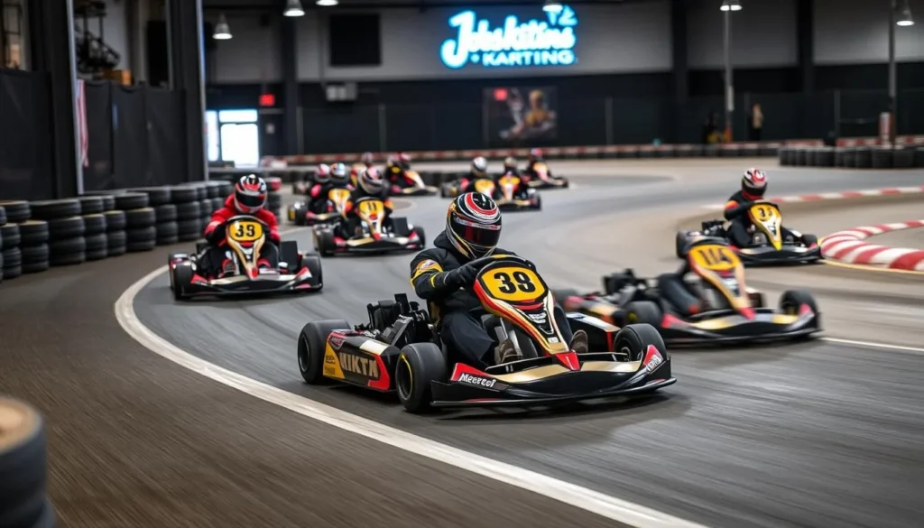 Go-karts racing on the indoor track at Joe's Karting in Council Bluffs Go-karts racing on the indoor track at Joe's Karting in Council Bluffs