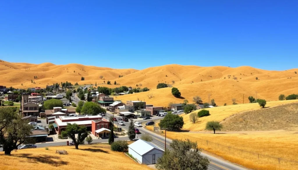Gold Country landscape with historic buildings and rolling hills near San Joaquin County Gold Country landscape with historic buildings and rolling hills near San Joaquin County