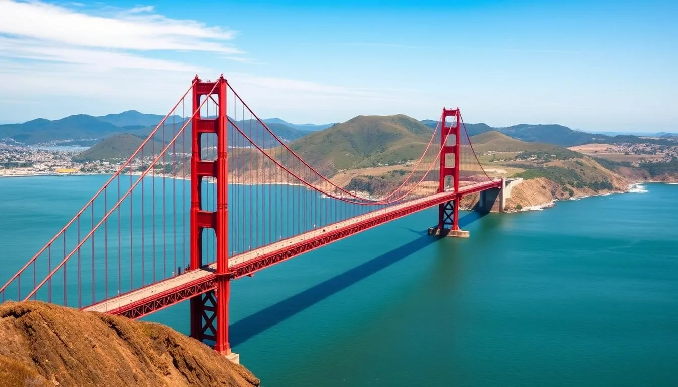 Golden Gate Bridge with Marin County hills in the background on a clear sunny day