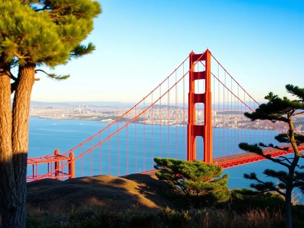 Golden Gate Bridge with San Francisco skyline view from a scenic overlook Golden Gate Bridge with San Francisco skyline view from a scenic overlook