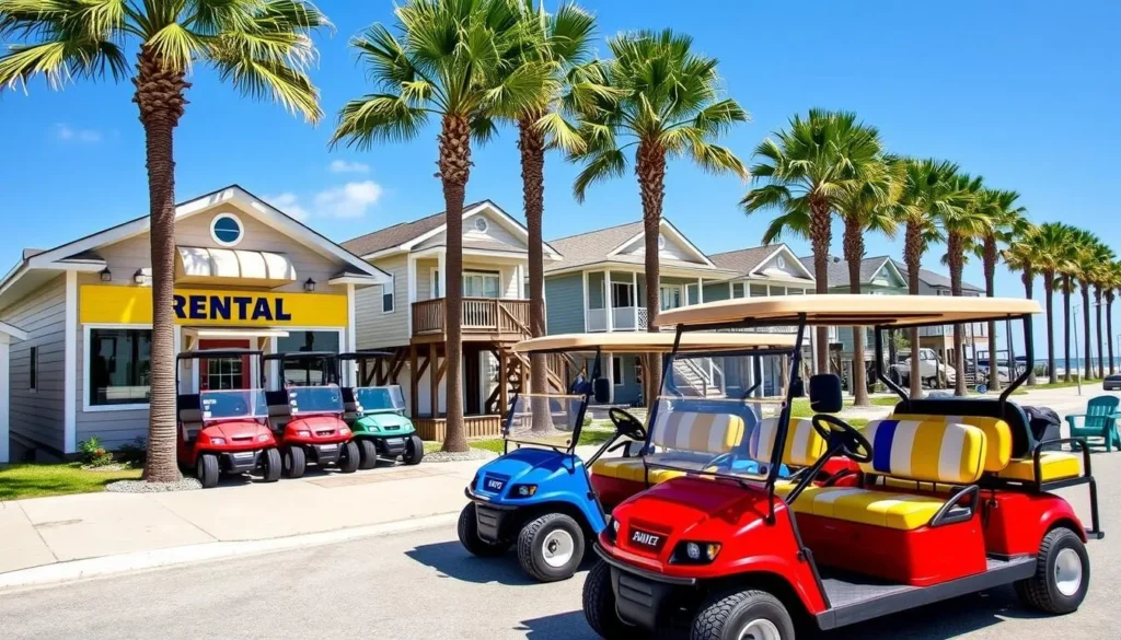 Golf cart rental on Grand Isle with beach houses in background Golf cart rental on Grand Isle with beach houses in background