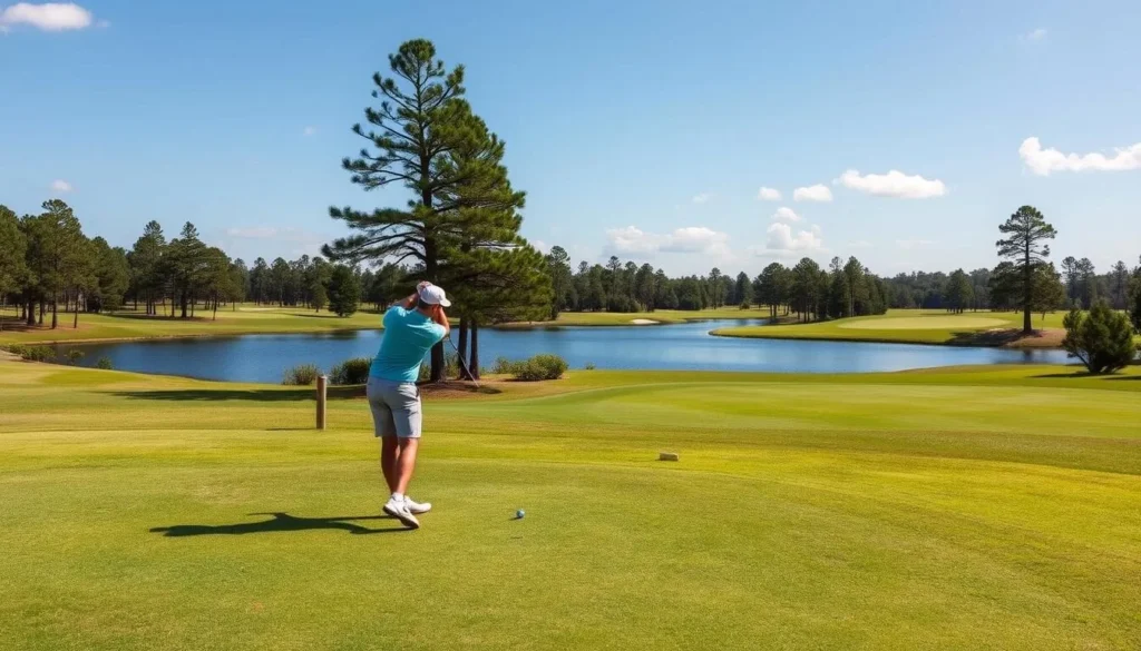 Golfer at Dogwood Lakes Golf Course in Holmes County, Florida with scenic lake view Golfer at Dogwood Lakes Golf Course in Holmes County, Florida with scenic lake view