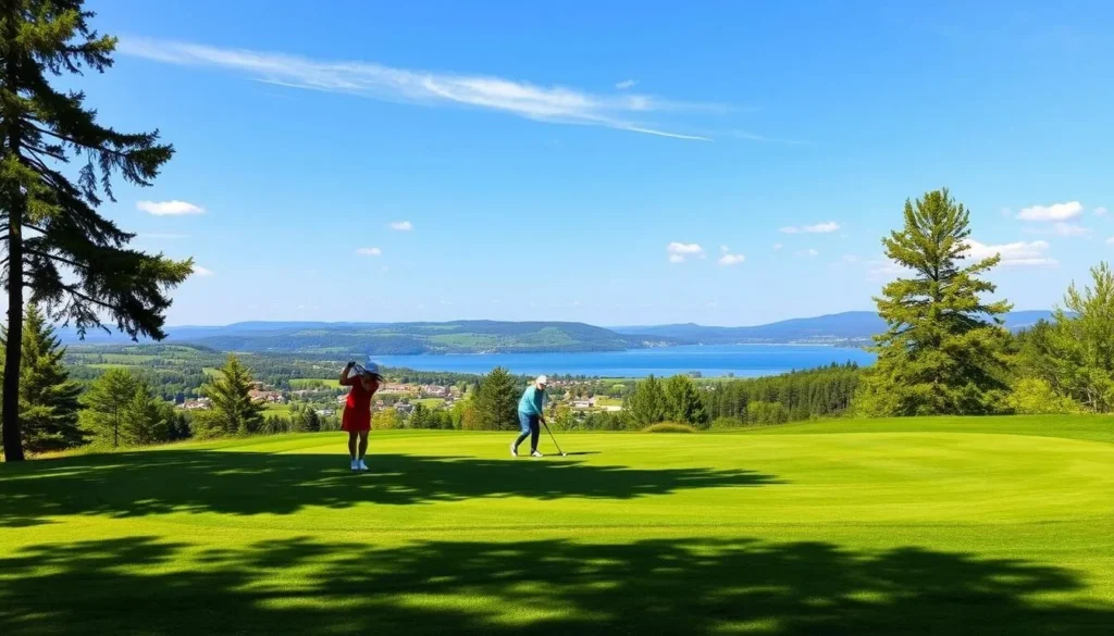 Golfers enjoying a round at the scenic Leatherstocking Golf Course with Otsego Lake views Golfers enjoying a round at the scenic Leatherstocking Golf Course with Otsego Lake views