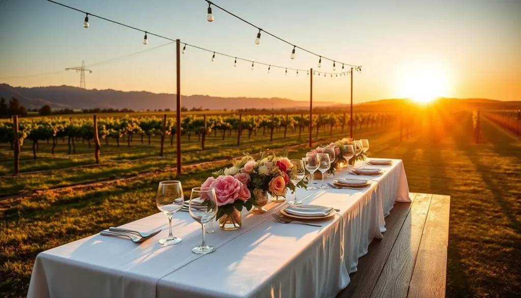 Gourmet farm-to-table dinner in a Napa Valley vineyard at sunset Gourmet farm-to-table dinner in a Napa Valley vineyard at sunset