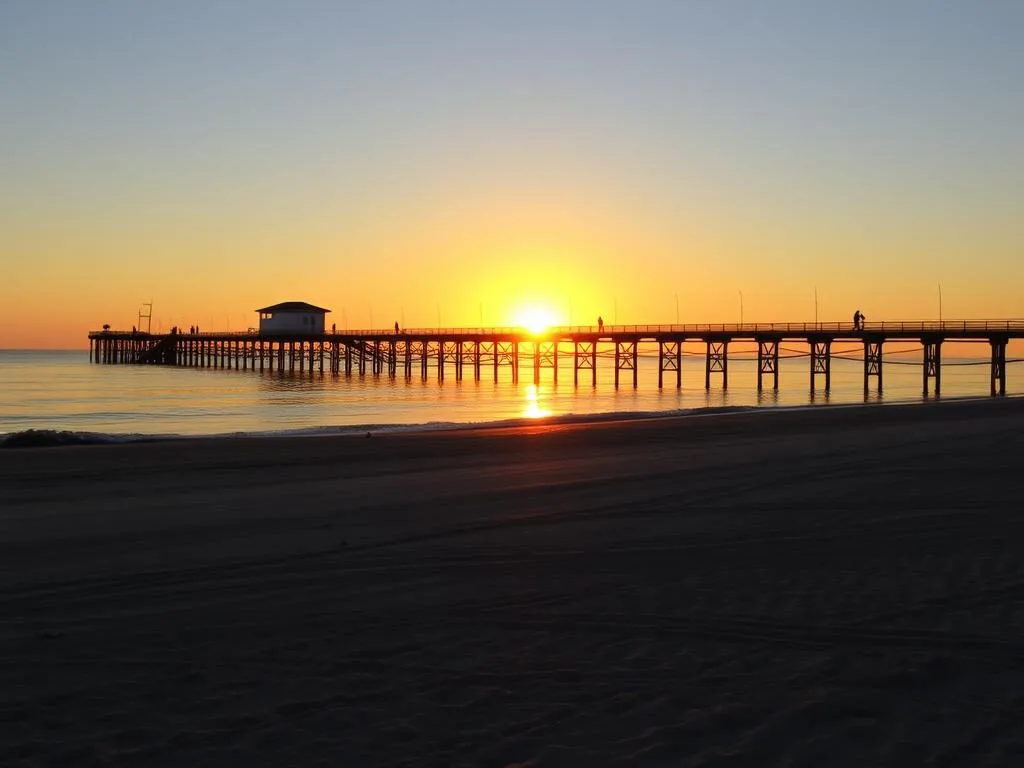 Grand Isle beach during sunset with fishing pier in the distance Grand Isle beach during sunset with fishing pier in the distance