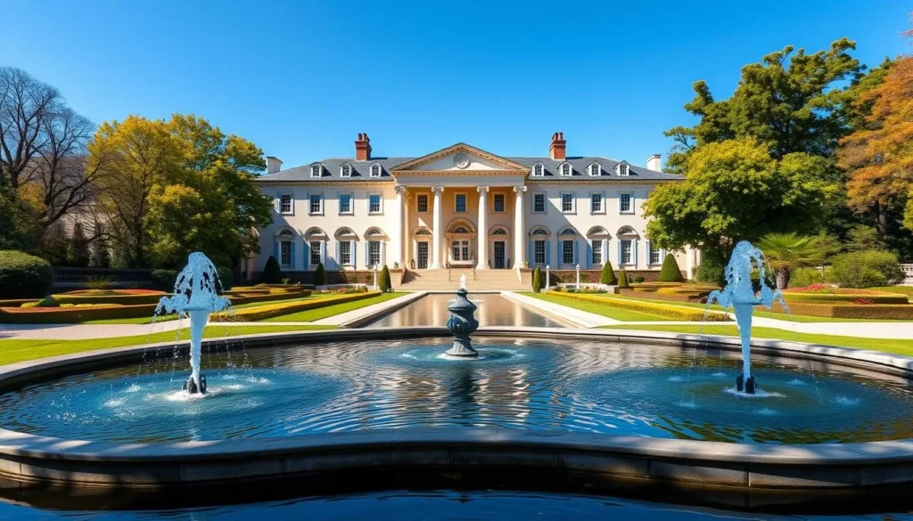 Grand facade of Nemours Mansion with formal gardens and fountains in Wilmington Delaware Grand facade of Nemours Mansion with formal gardens and fountains in Wilmington Delaware