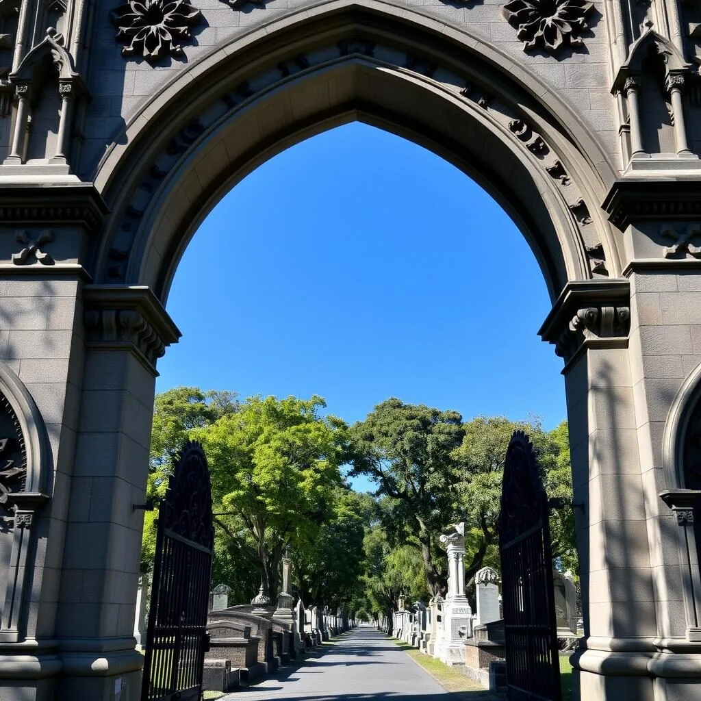 Green-Wood Cemetery's Gothic entrance arch with ornate stonework