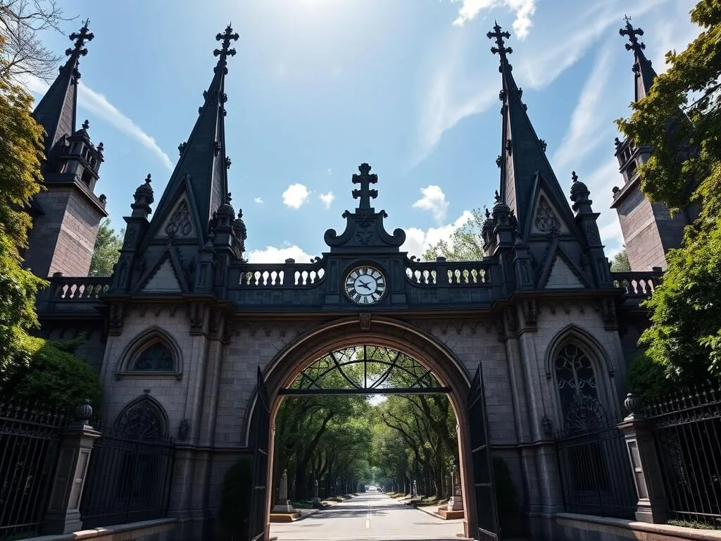 Green-Wood Cemetery's Gothic entrance gate with ornate architecture, a historic Kings County New York site