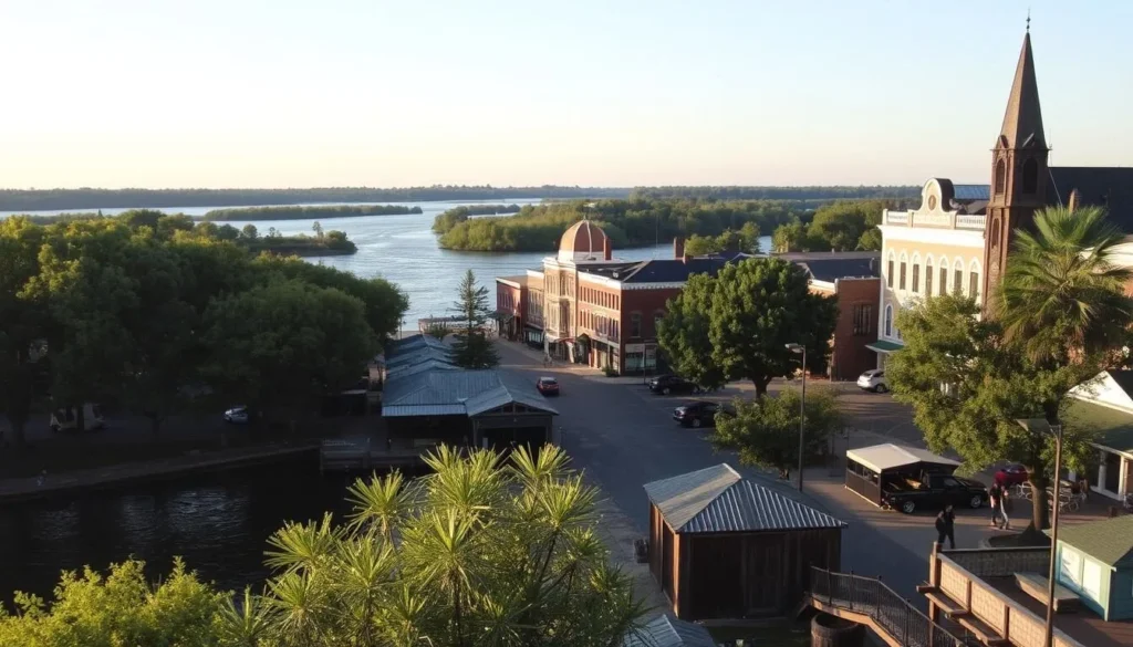 Greenville, Mississippi: a quaint Southern town nestled along the banks of the meandering Mississippi River. Capture the serene riverside setting, with lush green trees lining the shore and gentle ripples reflecting the warm afternoon sun. In the foreground, feature a pedestrian-friendly promenade, dotted with local shops and cafes, inviting visitors to stroll and explore. The mid-ground should showcase historic architecture, such as the stately antebellum-style buildings, evoking the town's rich heritage. In the background, include the iconic Mississippi River, flowing majestically through the heart of the community. Use a soft, nostalgic color palette and natural lighting to create a welcoming, picturesque scene that encapsulates the charm and character of Greenville, Mississippi.