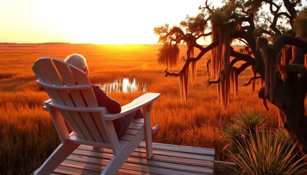 Guest relaxing in an Adirondack chair overlooking the marsh at sunset on Little St. Simons Island Guest relaxing in an Adirondack chair overlooking the marsh at sunset on Little St. Simons Island