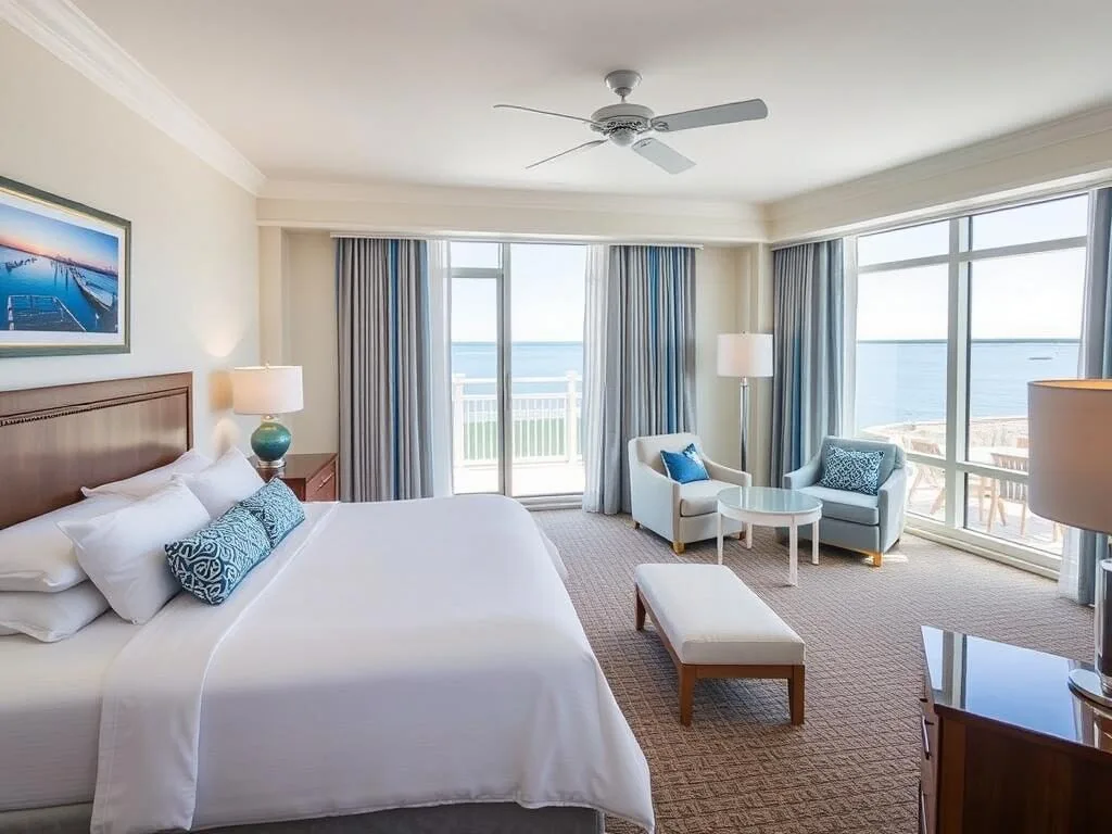 Guest room at Chesapeake Beach Resort & Spa with bay views Guest room at Chesapeake Beach Resort & Spa with bay views