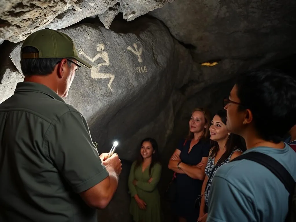 Guide explaining ancient petroglyphs to visitors inside Fountain Cavern National Park, Anguilla Guide explaining ancient petroglyphs to visitors inside Fountain Cavern National Park, Anguilla
