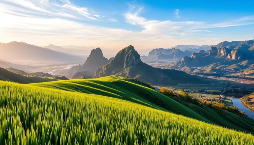 Hà Giang landscapes throughout the year: a serene panorama of rolling hills, majestic mountains, and winding rivers. In the foreground, lush green rice paddies stretch out, their gently swaying stalks reflecting the sky's soft blue hue. In the middle ground, rugged limestone peaks jut skyward, their jagged edges softened by wispy clouds. The background fades into a hazy distance, where more mountains rise up, their peaks capped with a dusting of snow. Warm sunlight filters through the scene, casting a golden glow and creating long, dramatic shadows. The overall atmosphere is one of tranquility and natural beauty, capturing the essence of Hà Giang's landscapes in every season.