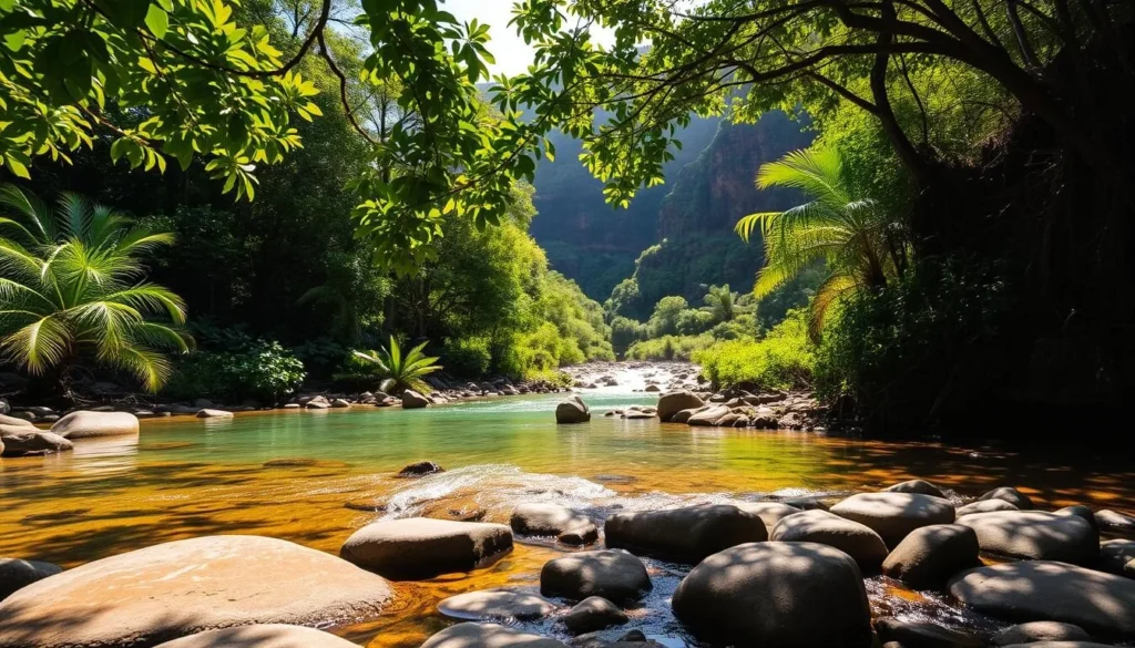 Hālawa Valley river crossing: a tranquil oasis in Molokai, Hawaii. Verdant tropical foliage frames a crystal-clear stream meandering through the lush, verdant landscape. Sunlight filters through the canopy, casting a warm, golden glow on the scene. In the foreground, smooth, worn stones line the riverbed, inviting visitors to cross the gentle waters. Towering cliffs rise in the background, their rugged beauty complementing the serene setting. The air is filled with the soothing sounds of flowing water and the calls of native birds. Capture the essence of this enchanting natural wonder, a peaceful respite amidst the island's natural splendor.