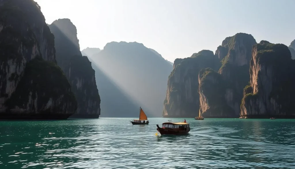 Halong Bay, a picturesque landscape of towering limestone karsts rising majestically from the emerald waters. Capture the grandeur of this UNESCO World Heritage site with a dramatic wide-angle lens, showcasing the dramatic cliffs and caves sculpted by nature over millennia. Bathed in warm, golden sunlight, the karsts cast dramatic shadows across the serene bay, creating a sense of timeless wonder. In the foreground, crystal-clear waters reflect the rugged formations, inviting the viewer to explore this enchanting realm. The middle ground features traditional Vietnamese fishing boats gently bobbing on the gentle waves, adding a touch of human scale and cultural elements. Convey a palpable sense of tranquility and awe, inviting the viewer to lose themselves in the natural beauty of this breathtaking Vietnamese landscape.