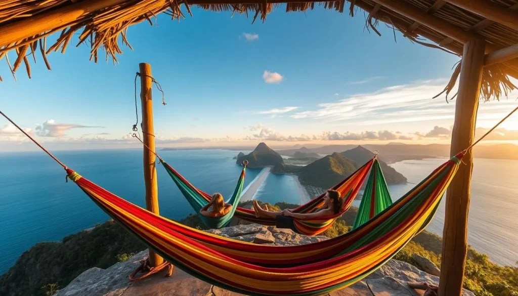 Hammocks strung up at the famous viewpoint at Cabo San Juan with ocean views Hammocks strung up at the famous viewpoint at Cabo San Juan with ocean views