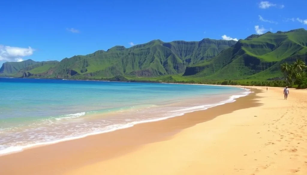 Hanalei Bay, Kauai, under a warm, cloudless sky during the dry season. The golden sandy beach stretches out before a serene turquoise ocean, gently lapping at the shore. Verdant green mountains rise up in the background, their lush foliage basking in the soft, diffused sunlight. A few beachgoers stroll along the water's edge, enjoying the tranquil atmosphere. The scene exudes a sense of peaceful contemplation, inviting the viewer to imagine the perfect time to visit this stunning Hawaiian paradise.