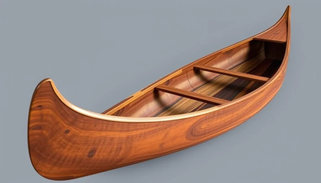 Handcrafted redwood outrigger canoe made from repurposed wood from old redwood barns
