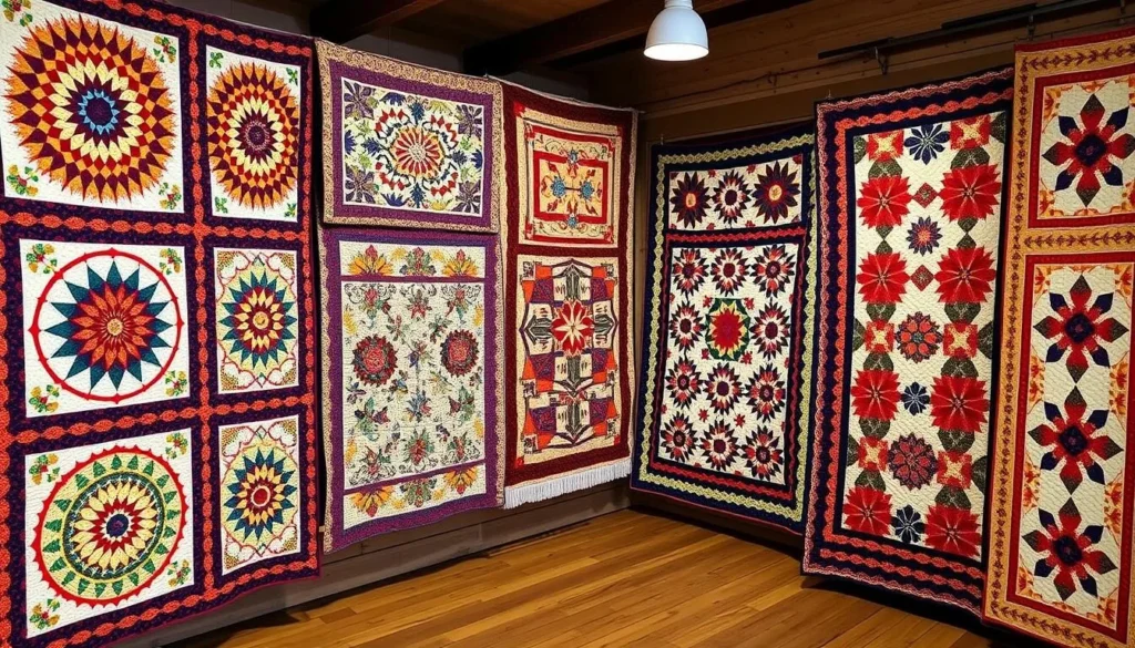 Handmade Amish quilts with intricate patterns displayed at a shop in Lancaster County Handmade Amish quilts with intricate patterns displayed at a shop in Lancaster County