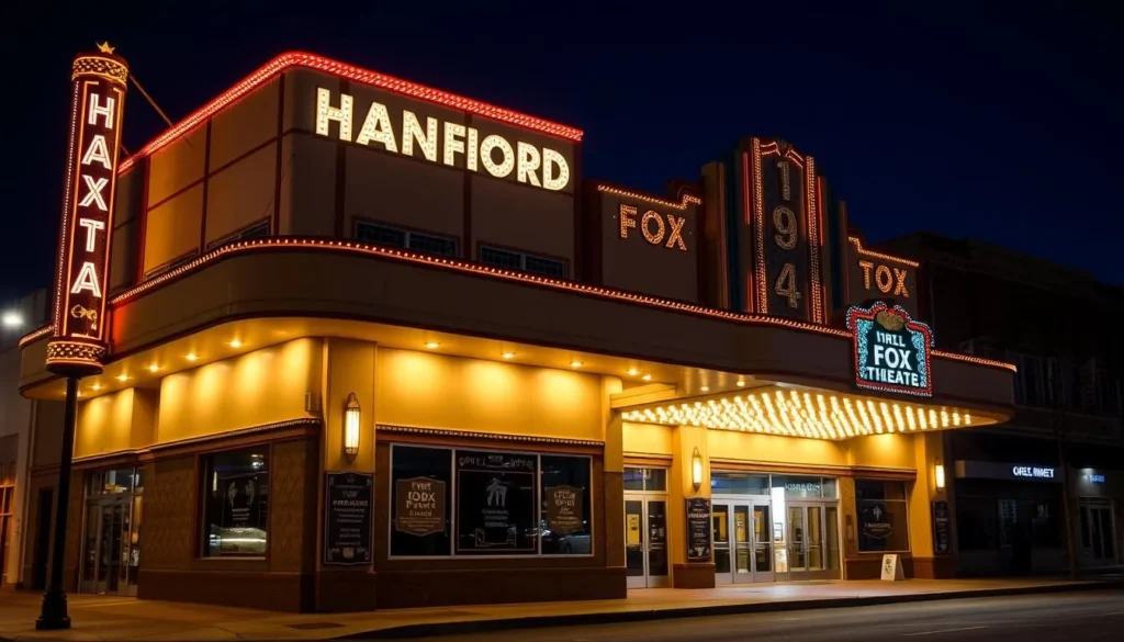 Hanford Fox Theatre historic facade with marquee in Kings County California Hanford Fox Theatre historic facade with marquee in Kings County California