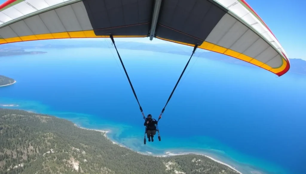 Hang gliding over Lake Tahoe with a serene landscape below