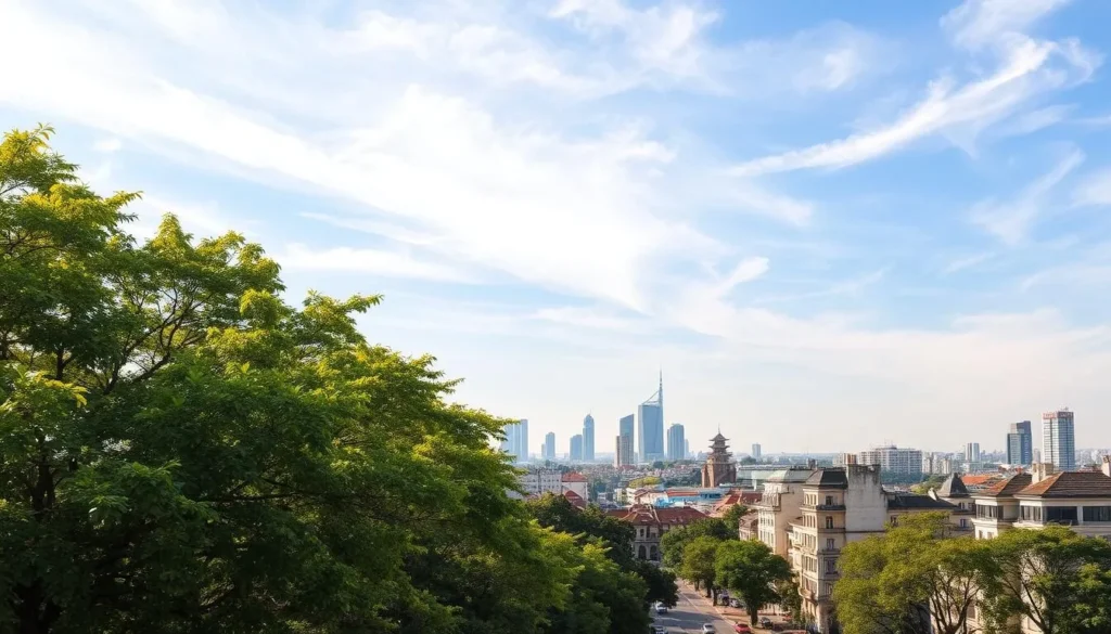 Hanoi cityscape on a pleasant spring day, with a clear blue sky dotted with wispy clouds. In the foreground, lush, verdant trees sway gently in a soft breeze, casting dappled shadows on the bustling streets below. In the middle ground, a blend of colonial-era architecture and modern high-rises rise up, their facades bathed in warm, golden sunlight. In the distance, the iconic silhouette of Hoan Kiem Lake and its pagoda-topped islands come into view, creating a serene and picturesque backdrop. The overall scene conveys a sense of tranquility and vibrancy, perfectly capturing the essence of Hanoi's weather-savvy charm.