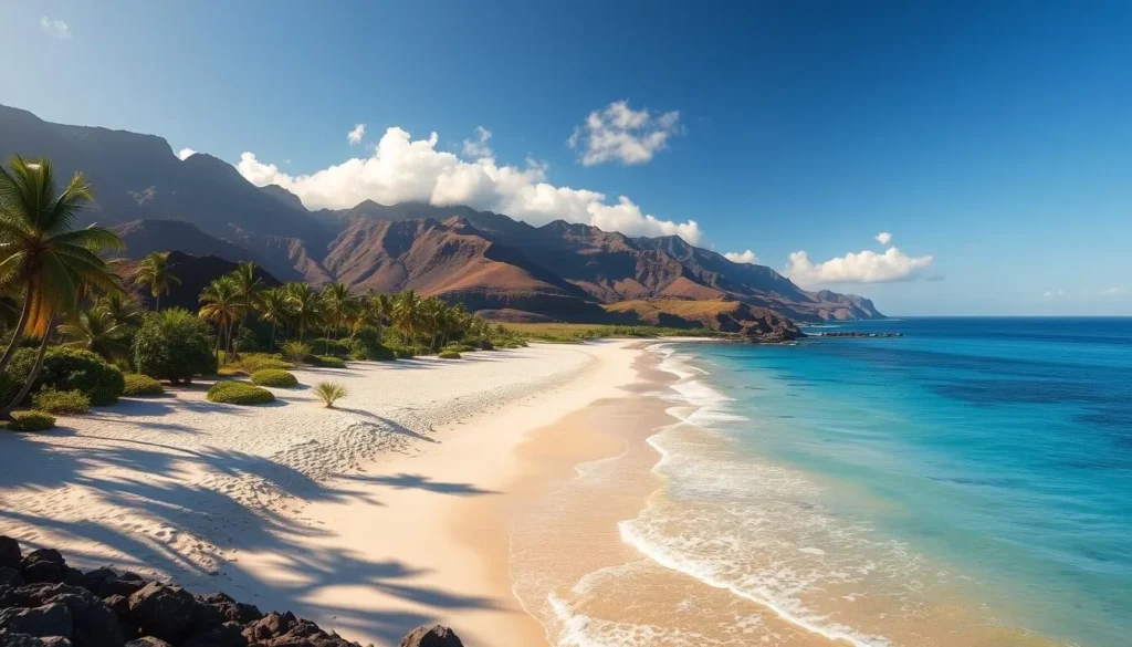 Hapuna Beach State Park, a breathtaking crescent of white sand and turquoise waters on the Kohala Coast of the Big Island, Hawaii. Capture the serene scene with a wide-angle lens, showcasing the lush palm trees lining the shore and the dramatic volcanic cliffs in the distance. Bask in the warm tropical sunlight, casting a soft, golden glow over the peaceful beachscape. Convey a sense of tranquility and relaxation, inviting the viewer to imagine themselves immersed in the natural beauty of this picturesque Hawaiian destination.