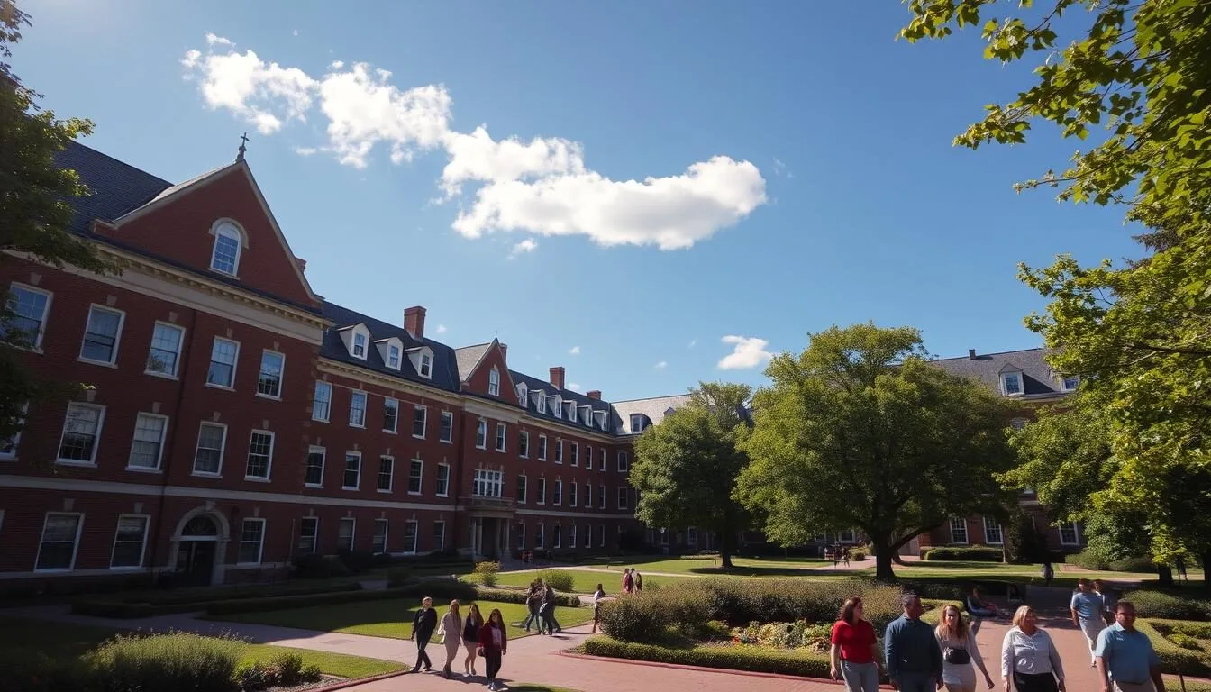 Harvard University campus with historic buildings and students walking through Harvard Yard in Cambridge, Massachusetts