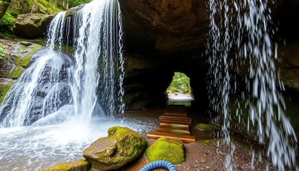 Hedge Creek Falls in Dunsmuir with path visible behind the waterfall, showcasing unique Siskiyou County California things to do Hedge Creek Falls in Dunsmuir with path visible behind the waterfall, showcasing unique Siskiyou County California things to do