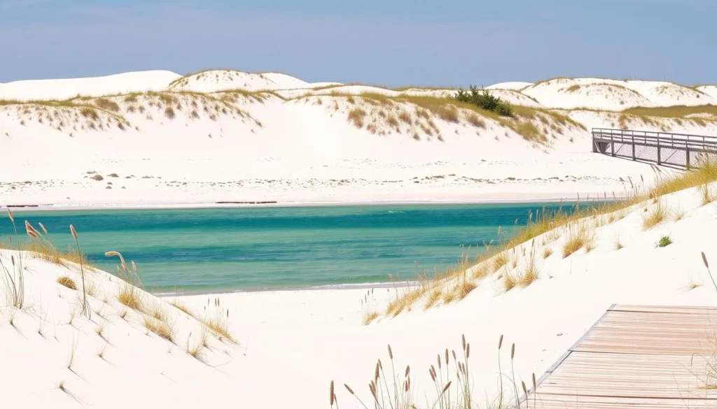 Henderson Beach State Park in Okaloosa County with white sand dunes and sea oats Henderson Beach State Park in Okaloosa County with white sand dunes and sea oats