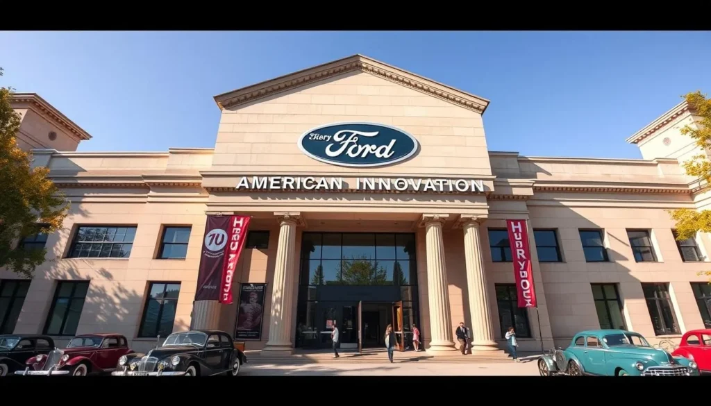 Henry Ford Museum of American Innovation entrance with historic vehicles displayed in Dearborn Michigan Henry Ford Museum of American Innovation entrance with historic vehicles displayed in Dearborn Michigan
