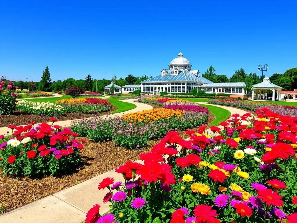 Hershey Gardens with colorful flower displays and butterfly house on a sunny spring day Hershey Gardens with colorful flower displays and butterfly house on a sunny spring day