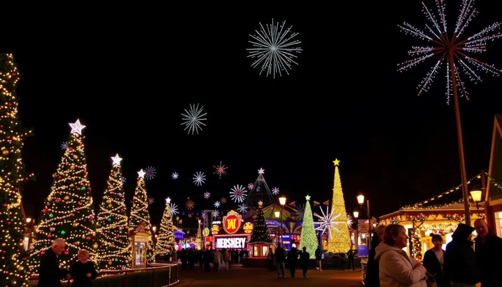 Hersheypark Christmas Candylane with holiday lights and decorations throughout the park at night Hersheypark Christmas Candylane with holiday lights and decorations throughout the park at night