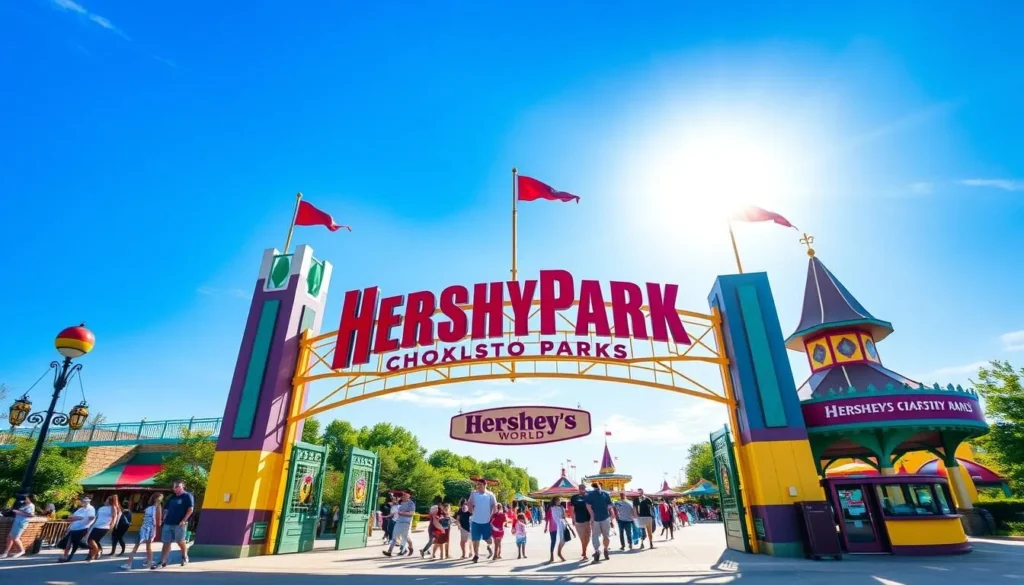 Hersheypark entrance during summer with families entering the park on a bright sunny day Hersheypark entrance during summer with families entering the park on a bright sunny day