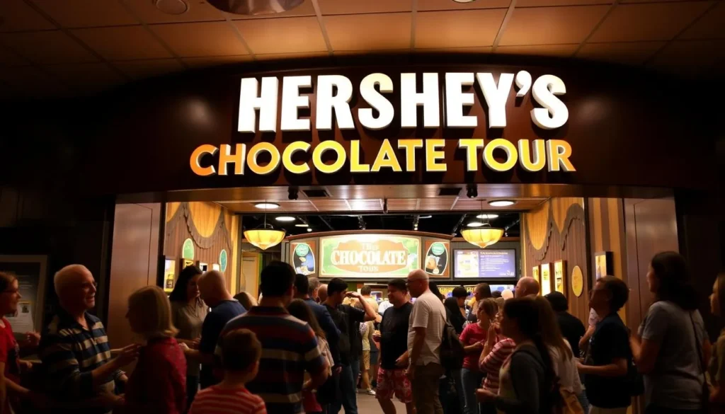 Hershey's Chocolate Tour ride entrance with families lining up for the free attraction Hershey's Chocolate Tour ride entrance with families lining up for the free attraction