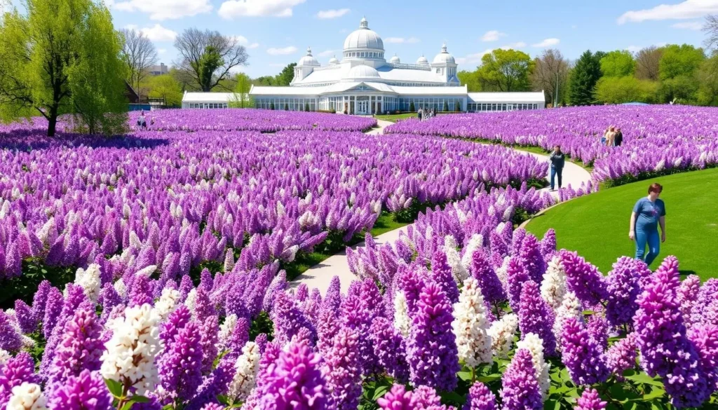 Highland Park in bloom during the Lilac Festival with visitors enjoying the colorful lilac displays Highland Park in bloom during the Lilac Festival with visitors enjoying the colorful lilac displays