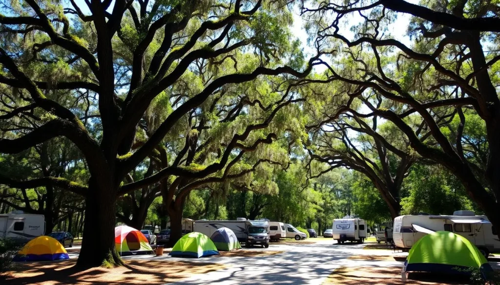 Highlands Hammock State Park campground with tents and RVs under tree canopy Highlands Hammock State Park campground with tents and RVs under tree canopy