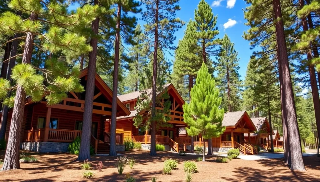 Highlands Ranch Resort in Tehama County, California showing luxury cabins surrounded by pine trees Highlands Ranch Resort in Tehama County, California showing luxury cabins surrounded by pine trees