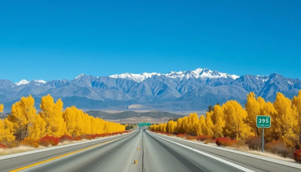 Highway 395 scenic byway with dramatic Eastern Sierra mountains and colorful fall foliage Highway 395 scenic byway with dramatic Eastern Sierra mountains and colorful fall foliage